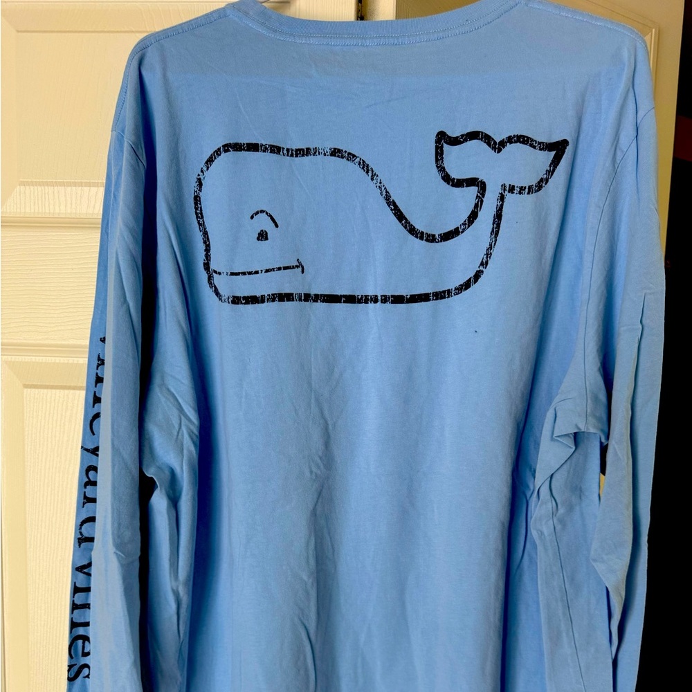 Vineyard Vines baby blue long sleeve shirt with navy blue whale decal